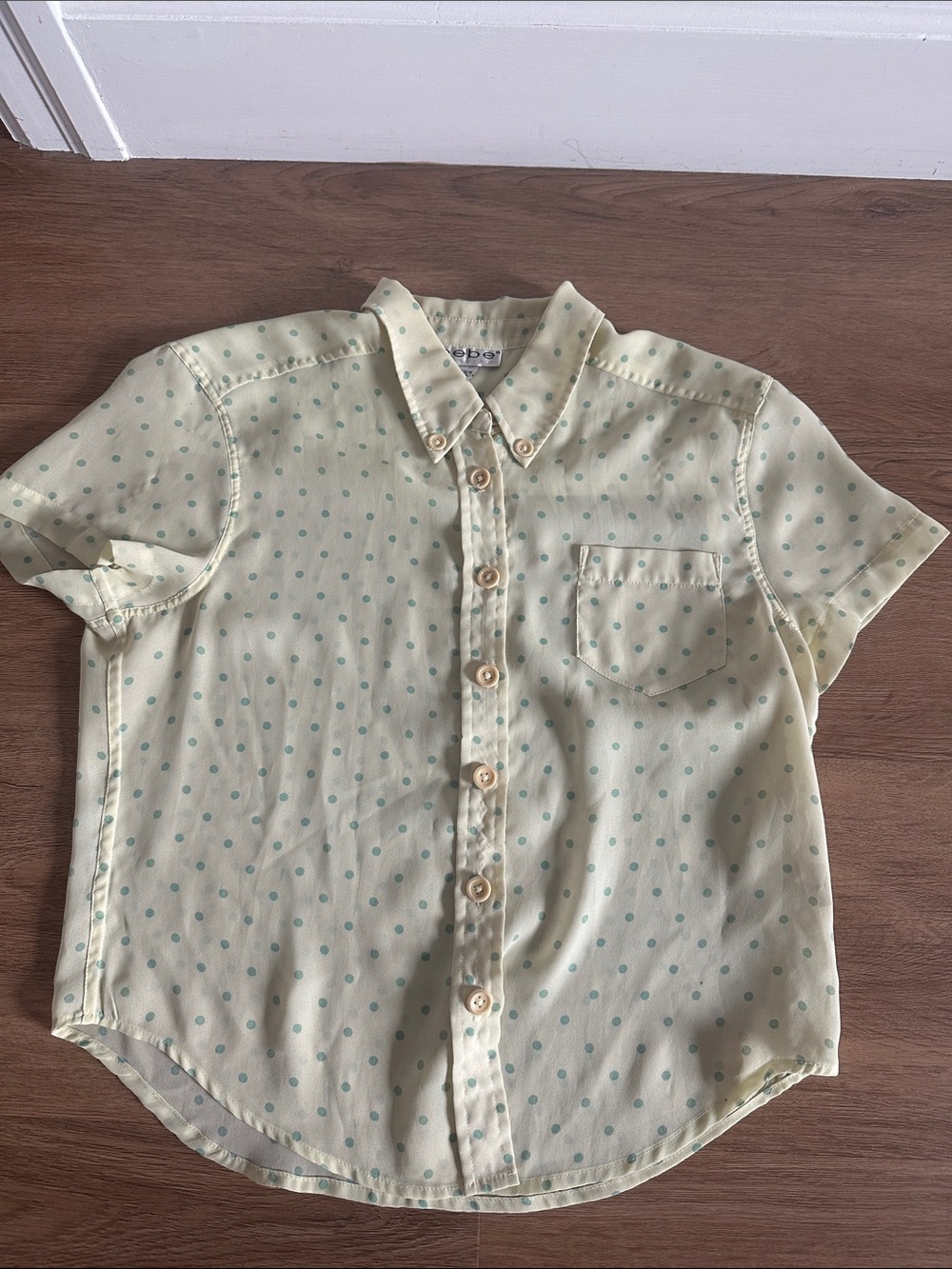 bebe Pale Yellow Short-Sleeve sheer Button-Up with Teal Dots